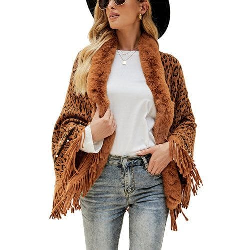 Kaschmir-Damenponcho mit Leopardenmuster