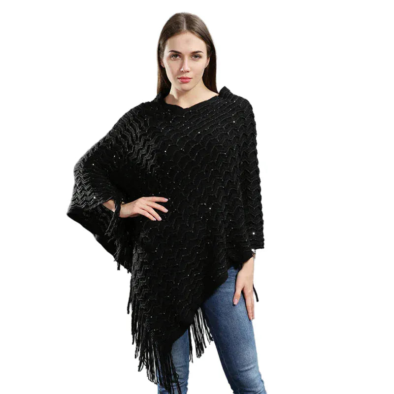 Pailletten-Poncho, asymmetrisch gestrickt, mit langen Fransen