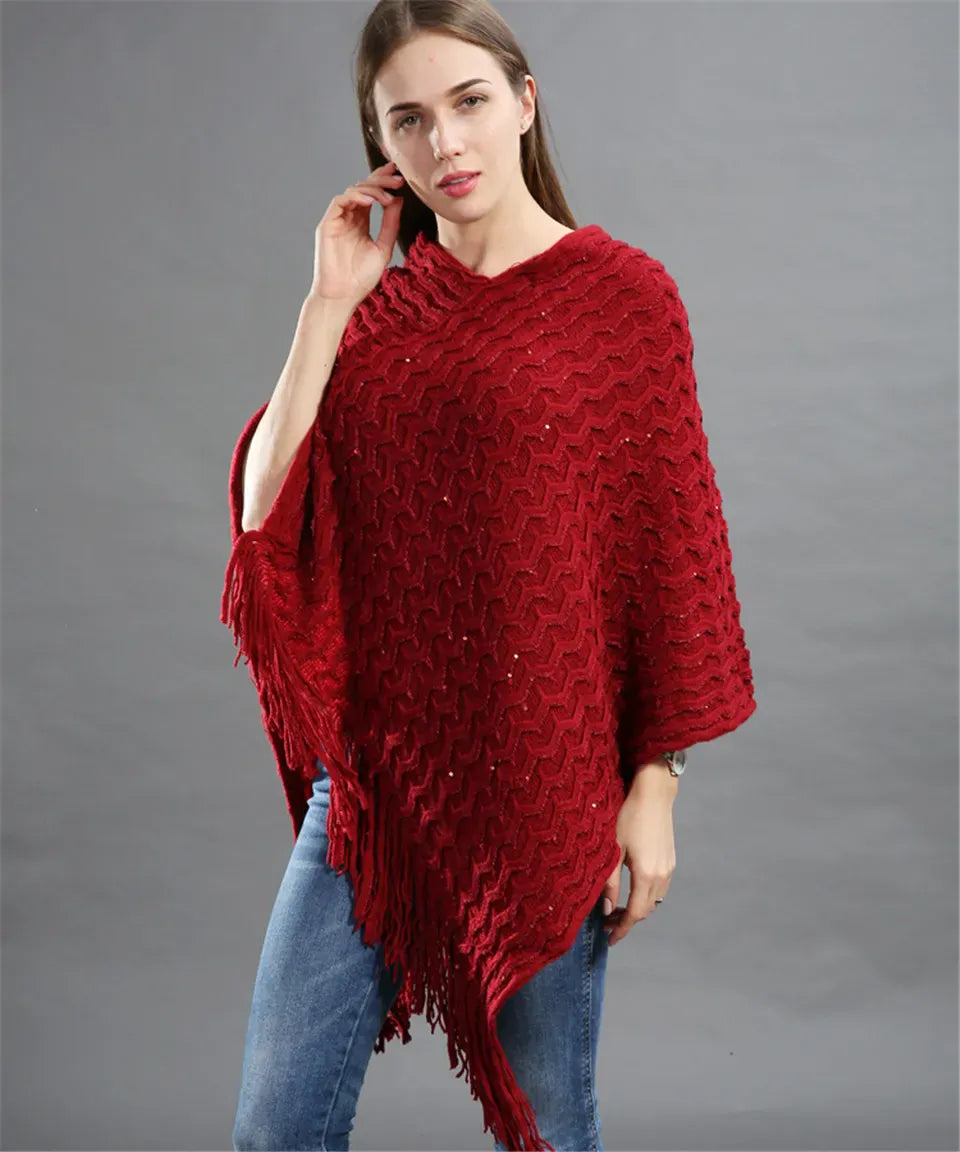 Pailletten-Poncho, asymmetrisch gestrickt, mit langen Fransen