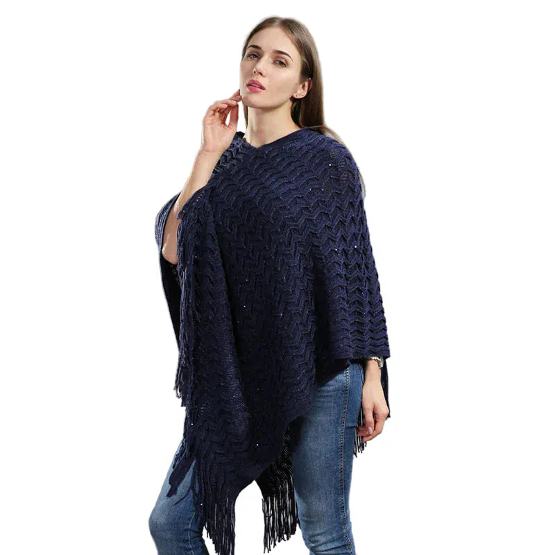 Pailletten-Poncho, asymmetrisch gestrickt, mit langen Fransen