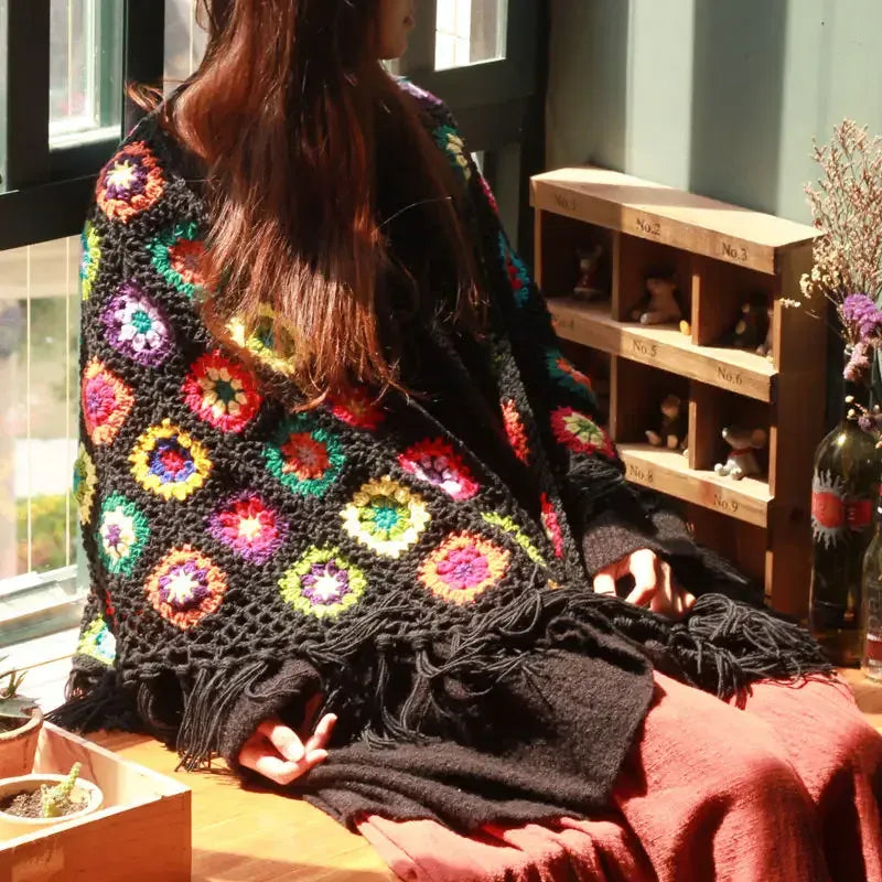Retro Häkelponcho Granny Squares Bunt