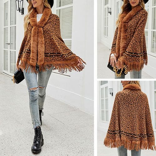 Kaschmir-Damenponcho mit Leopardenmuster