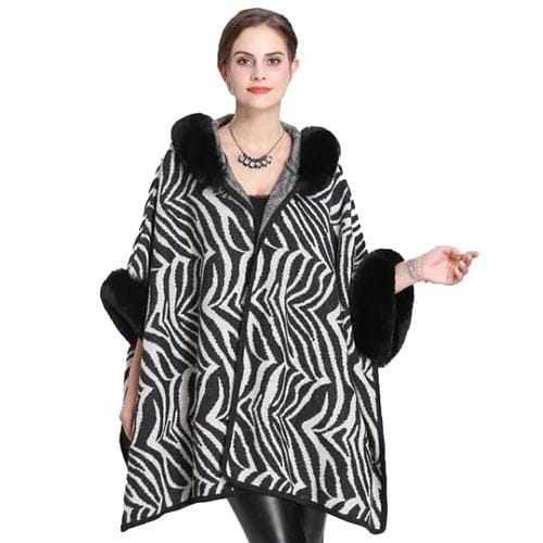 Damen-Poncho mit Pelzkragen und Pelzärmeln
