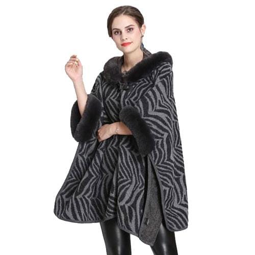 Damen-Poncho mit Pelzkragen und Pelzärmeln