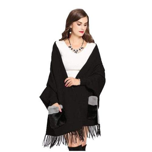 Damenponcho mit Felltaschen