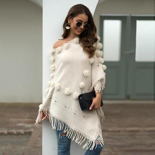 Damenponcho mit Pompons aus Baumwolle