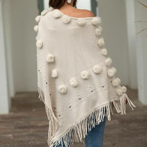 Damenponcho mit Pompons aus Baumwolle