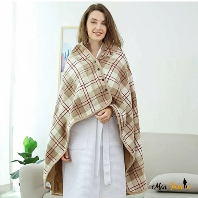 Tragbarer, wendbarer Fleece-Poncho mit Karomuster in Beige und Braun