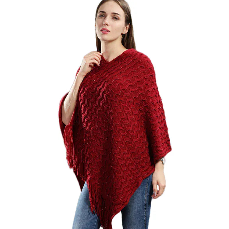 Pailletten-Poncho, asymmetrisch gestrickt, mit langen Fransen