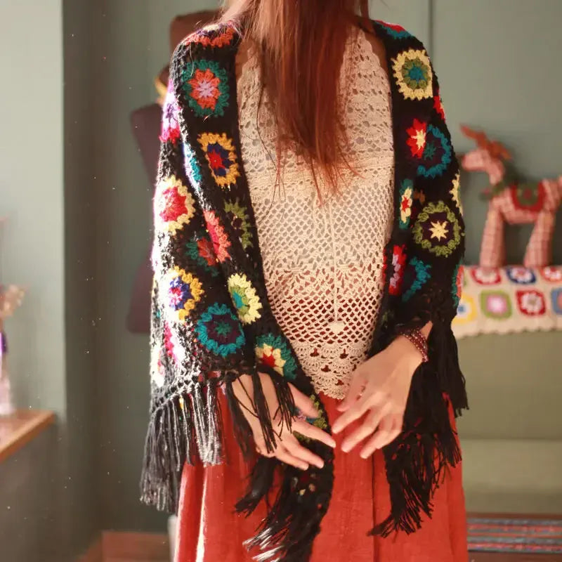Retro Häkelponcho Granny Squares Bunt