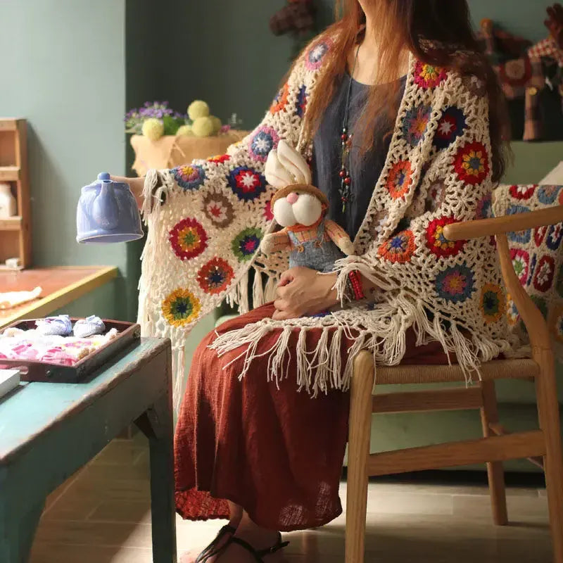 Retro Häkelponcho Granny Squares Bunt