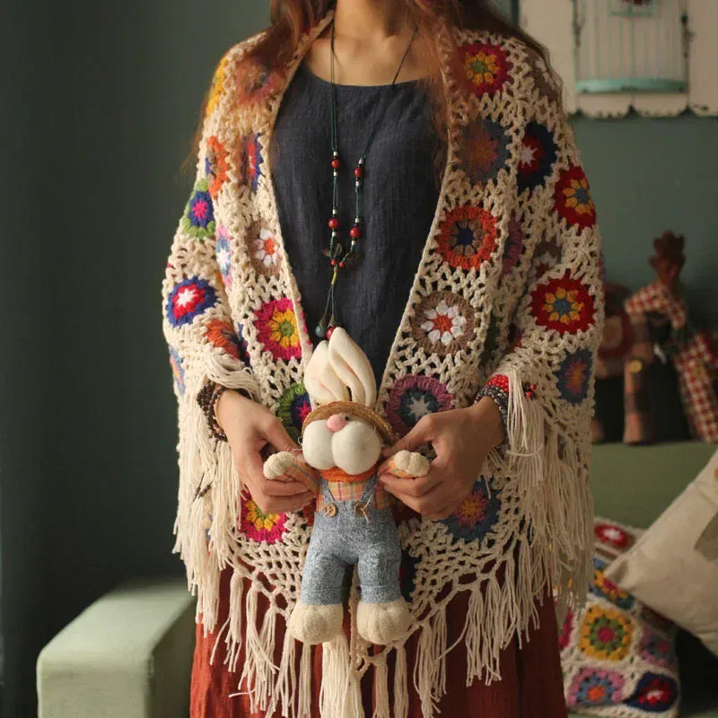 Retro Häkelponcho Granny Squares Bunt