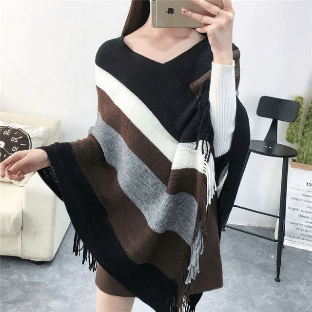 Warmer gestreifter Damen-Poncho