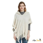 Weißer Zopfstrick-Poncho mit Kapuze Herbst-Winter