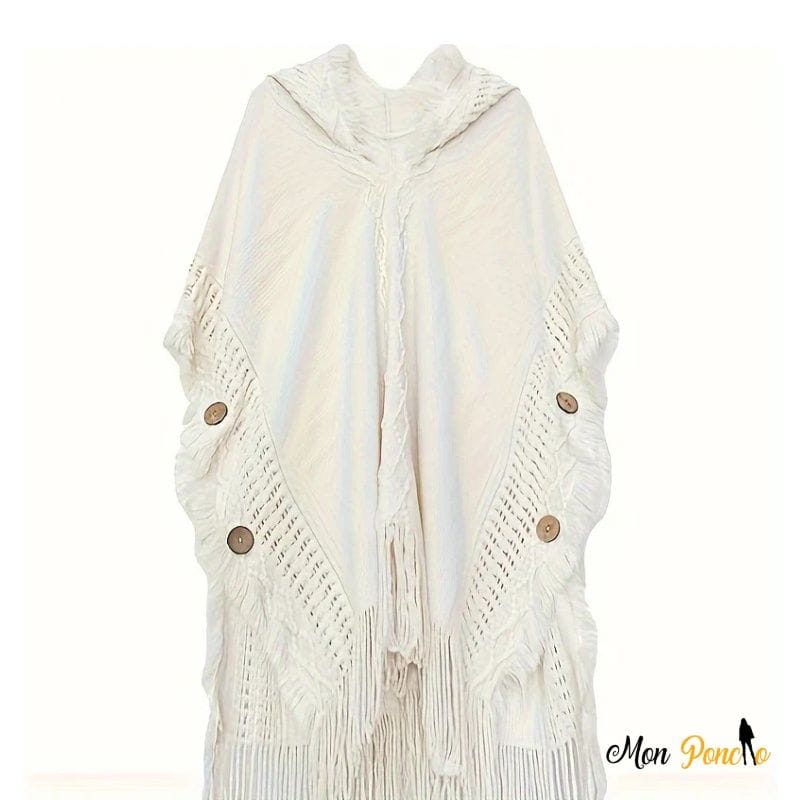 Weißer Zopfstrick-Poncho mit Kapuze Herbst-Winter