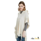 Weißer Zopfstrick-Poncho mit Kapuze Herbst-Winter